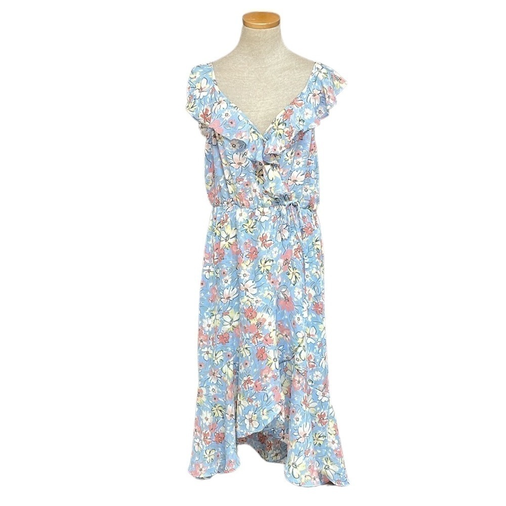 Socialite Dress Women's Large Blue Peach Floral NWT Short Sleeve Ruffles Midi